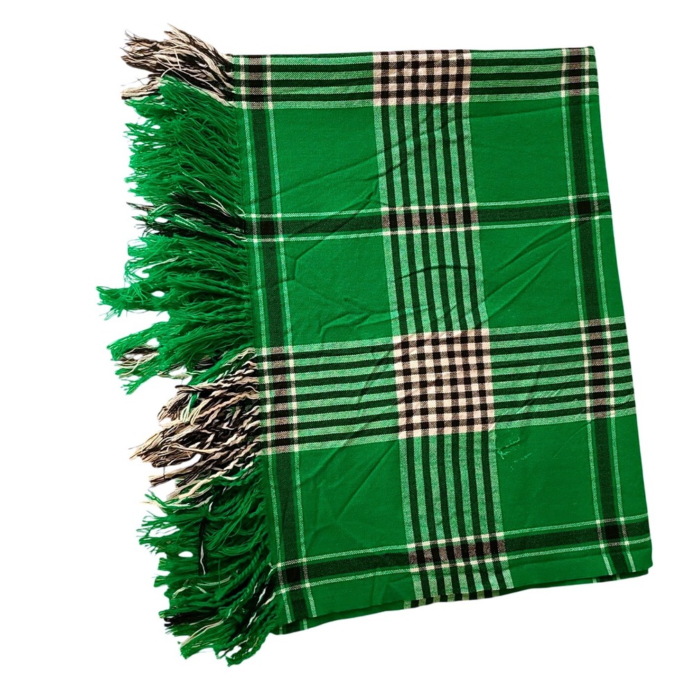 Vibrant Green Plaid Scarf with Tassels